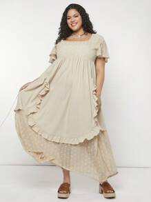 Forever 21 Women's Fashionable Bohemian Square Neck Short Sleeve Lace Dress - Apricot - View 4