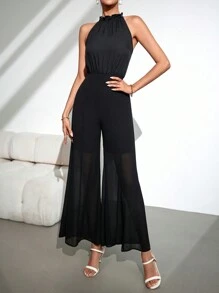 SHEIN Privé Women's Summer Elegant Black Party Night Halter Neck Wide-Legged Semi-Sheer Jumpsuit,Mesh Chiffon Patchwork Sleeveless Long Jumpsuit For - Black - View 3