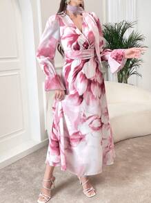 Modelyn 女性優雅花卉印花長洋裝，波浪袖，春夏季節 - 彩色 - 查看 3