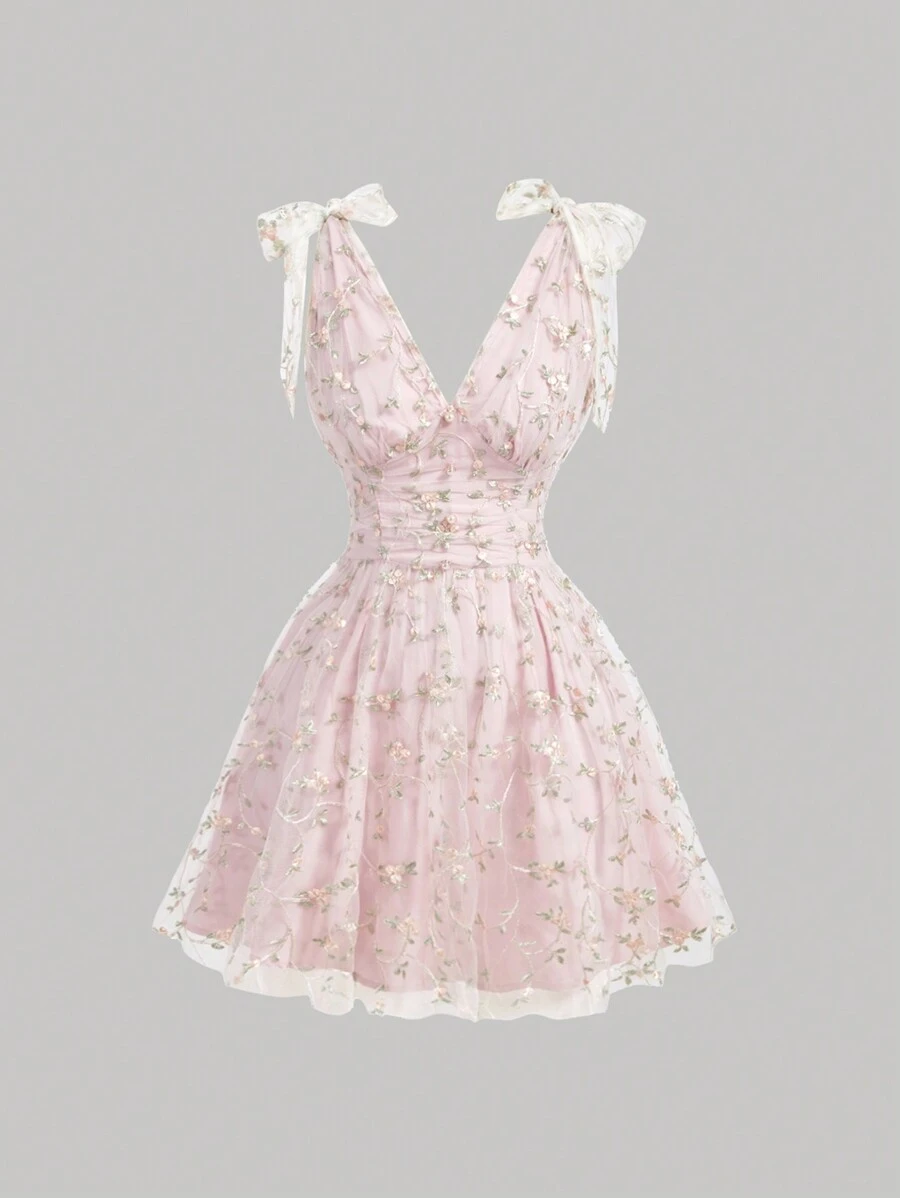 SHEIN MOD Pink Mesh Embroidered Romantic Countryside Vacation Dress For Women Grad Dress Elegant Wedding Dress - Pink - View 1