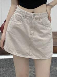 DAZY 女式宽松休闲牛仔短裙，带口袋，裙裤 - 米色 - 查看 6