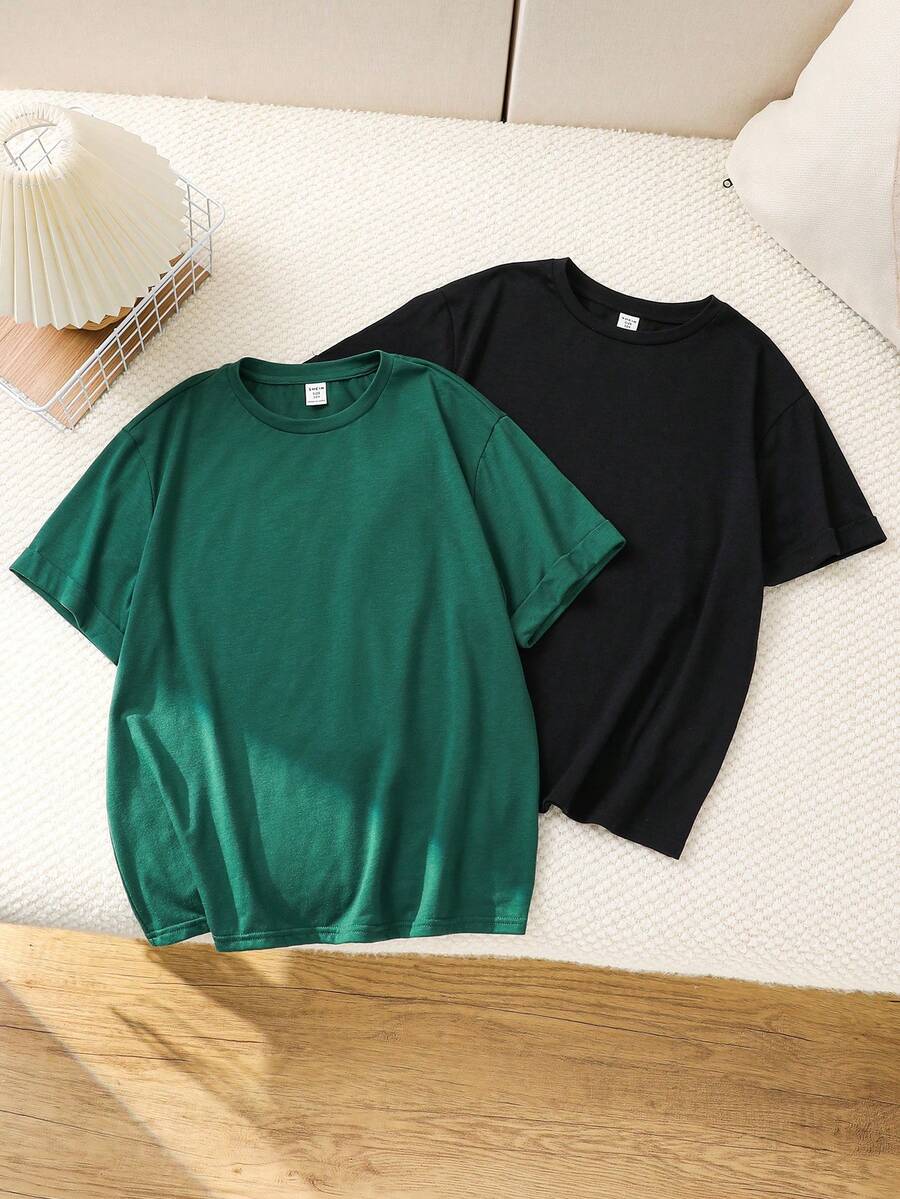 Tween Boys Phong Cách Hàn Quốc Dễ Thương Dáng Rộng Cổ Tròn Tay Ngắn Dệt Kim Áo Phông Mùa Hè, Bộ Hai Món - Nhiều màu - Xem 1