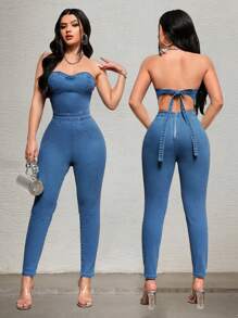 SHEIN SXY Solid Color Strapless Backless Tie-Dye Sexy Denim Jumpsuit - Medium Wash - View 1