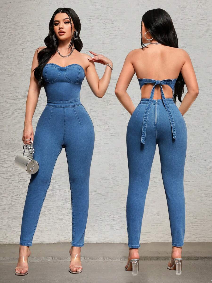 SHEIN SXY Solid Color Strapless Backless Tie-Dye Sexy Denim Jumpsuit - Medium Wash - View 1