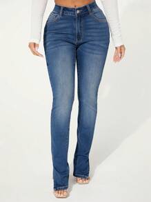 SHEIN SXY Quần jeans có túi Slim Fit xẻ tà thời trang và đa năng - Rửa tối - Xem 1