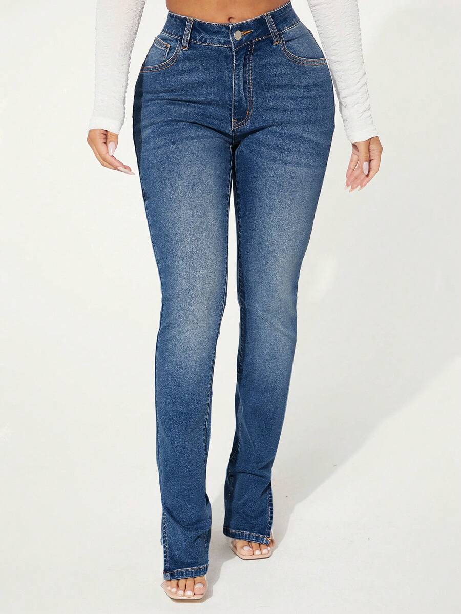 SHEIN SXY Quần jeans có túi Slim Fit xẻ tà thời trang và đa năng - Rửa tối - Xem 1
