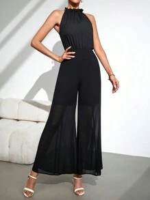 SHEIN Privé Women's Summer Elegant Black Party Night Halter Neck Wide-Legged Semi-Sheer Jumpsuit,Mesh Chiffon Patchwork Sleeveless Long Jumpsuit For - Black - View 5