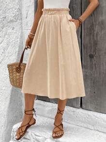 SHEIN LUNE Falda casual de mujer color caqui con dobladillo plisado y bolsillos - Caqui - Ver 1