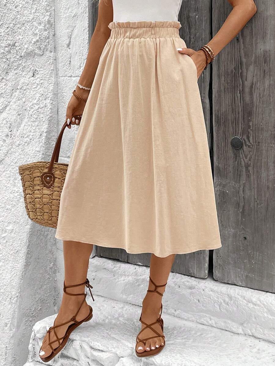SHEIN LUNE Falda casual de mujer color caqui con dobladillo plisado y bolsillos - Caqui - Ver 1