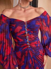 SUPGIR Random Cut Floral Watercolor Print V-Neckline, Crystal-Embellished Pleated Modest Long Sleeve Dress With Off-Shoulder Design - Red - View 6