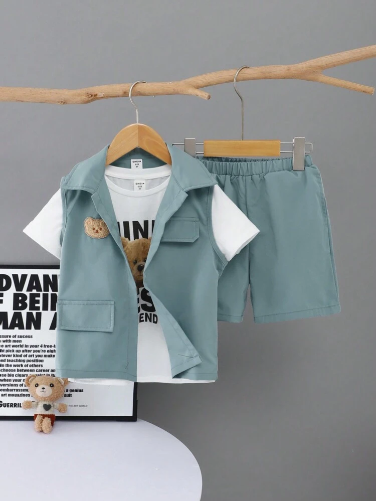 3pcs/Set Young Boys' Casual Suit Vest, Street & Cute Bear Pattern Short Sleeve T-Shirt And Shorts Outfits, Comfortable & Fashionable, Suitable For Spring And Summer