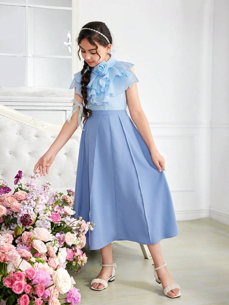 Tween Girl 2pcs Lovely Collar Ruffle Trim 3D Flower Shaped Shirt And Skirt Set