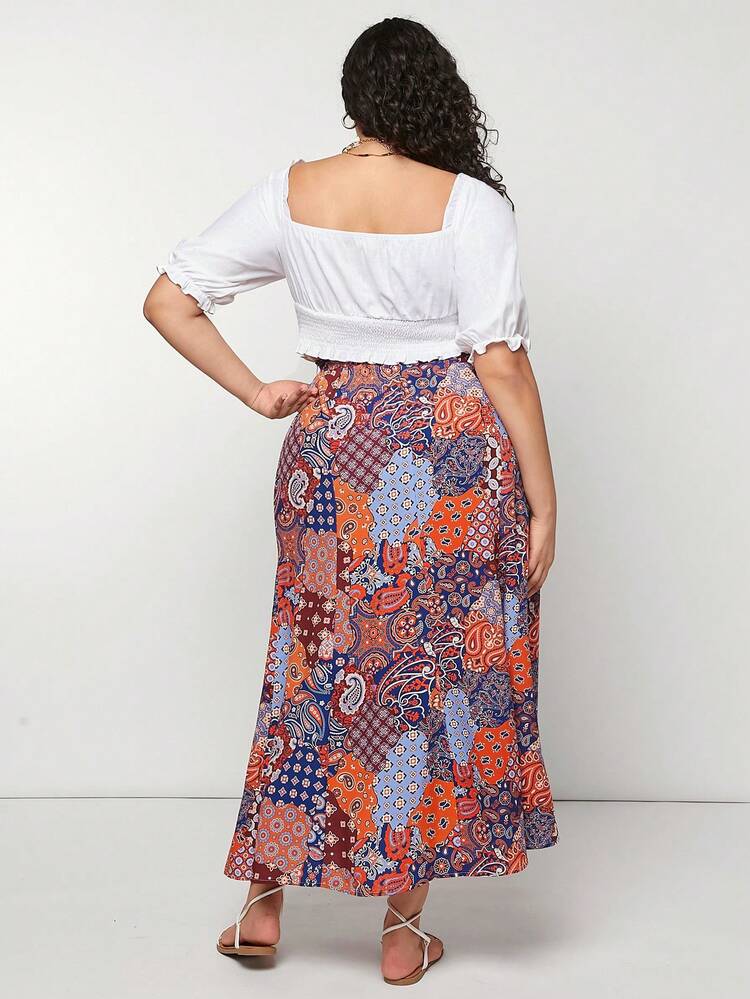 Plus Size Women's Fashionable Music Festival High Slit Printed Elastic Waist Skirt For Summer