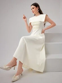 Modelyn Đầm dạ hội dài màu trơn cổ tròn thanh lịch cho nữ kiểu Ả Rập đơn giản - Màu be - Xem 3