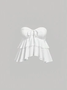 SHEIN MOD Áo hở vai màu trắng mùa hè lãng mạn có viền xếp nếp cho nữ - trắng - Xem 1