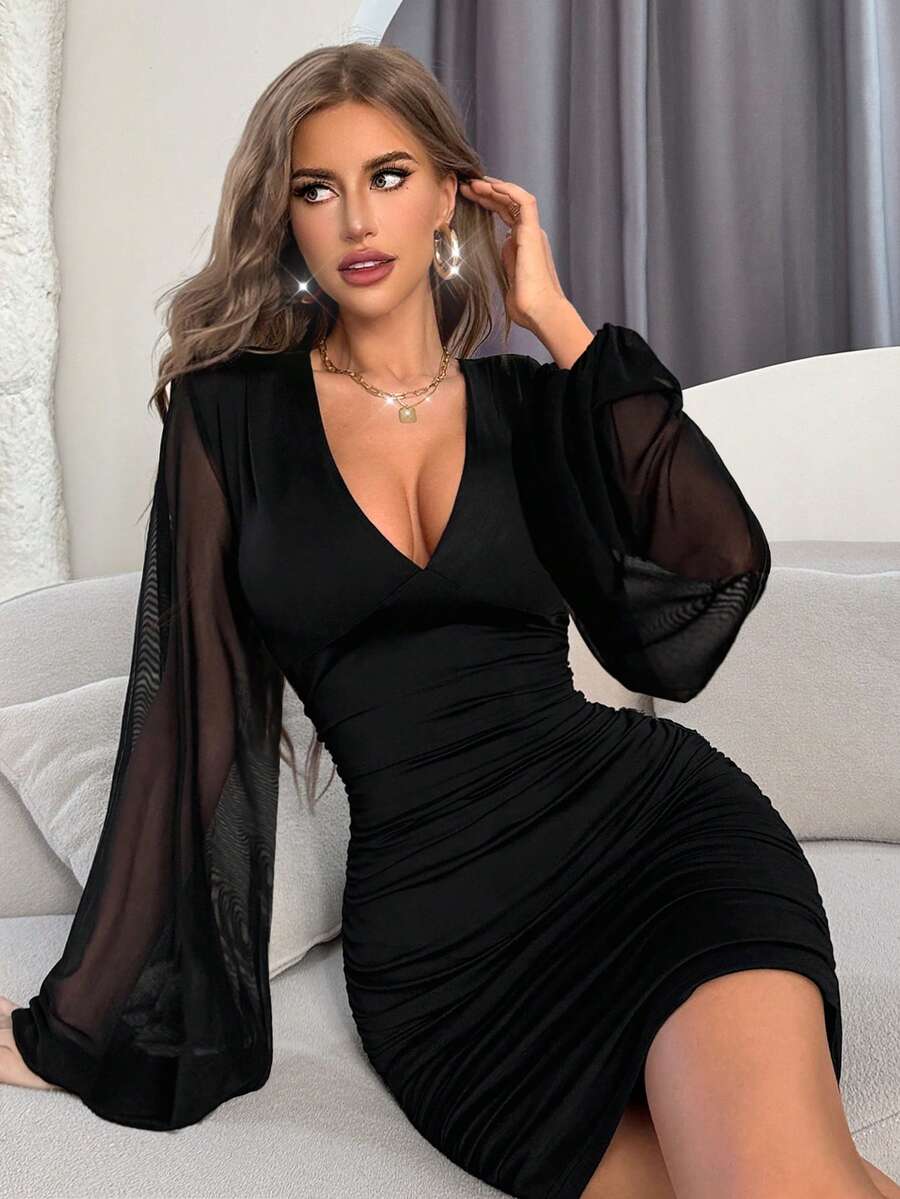 Women's Sexy Bright Bubble Sleeve Mesh SleevesPlunging Neck Ruched Bodycon Dress