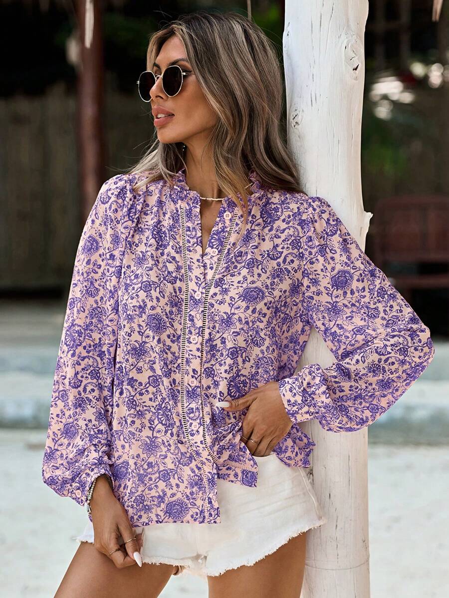 SHEIN Frenchy 夏季服裝海灘女性花卉印花鈕扣前衣,Bridgerton風格 - 彩色 - 查看 1