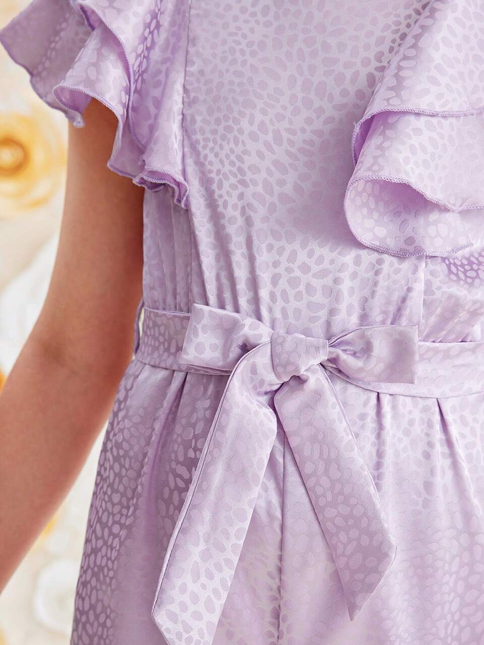 Tween Girl Elegant Solid Color Jacquard Ruffle Jumpsuit, Summer