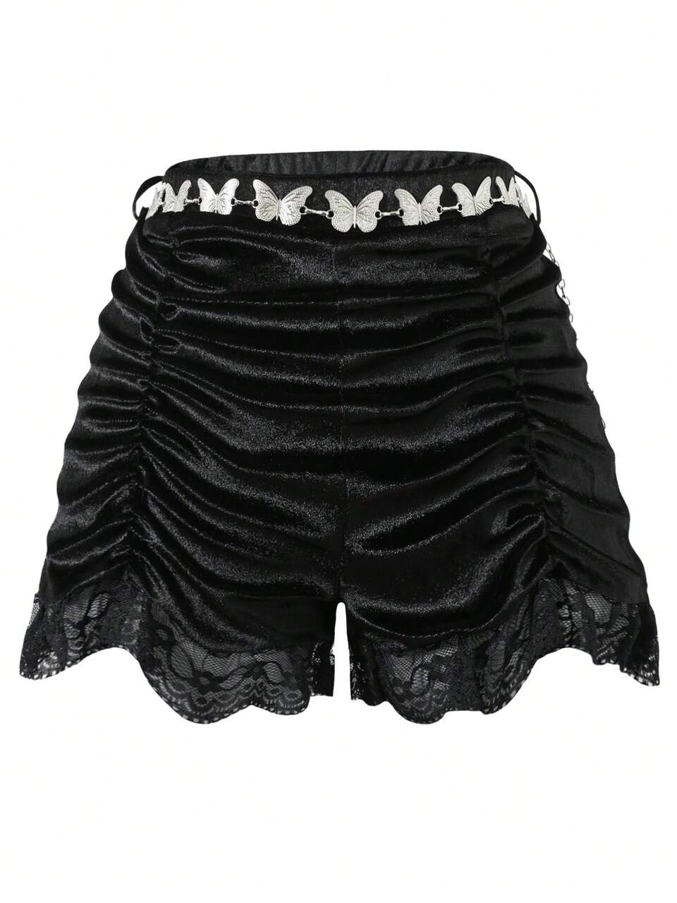 Teen Girl Elegant Party Velvet Lace Butterfly Chain Drawstring Shorts