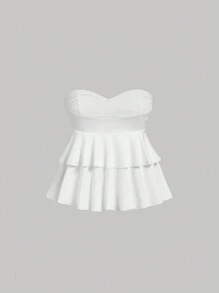 SHEIN MOD Áo hở vai màu trắng mùa hè lãng mạn có viền xếp nếp cho nữ - trắng - Xem 2