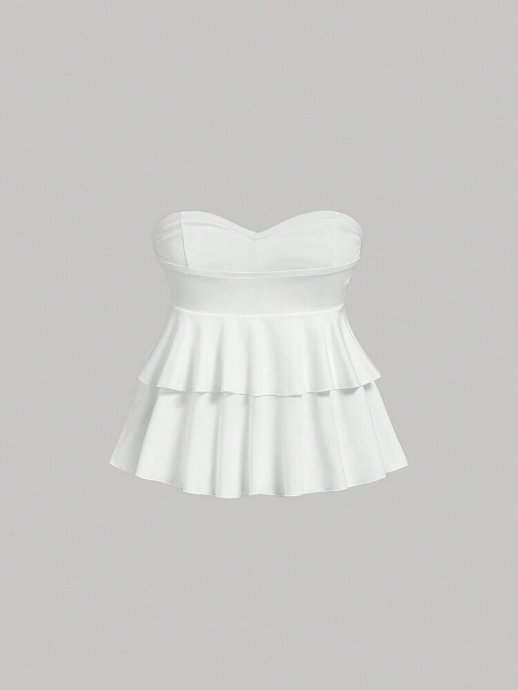 SHEIN MOD Áo hở vai màu trắng mùa hè lãng mạn có viền xếp nếp cho nữ - trắng - Xem 2