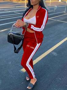 春秋休闲字母刺绣拉链运动夹克和裤子套装音乐节、摇滚、朋克、哥特 - 紅色 - 查看 4