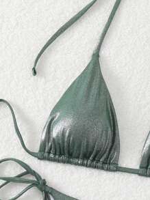 SHEIN Swim 女士纯色金属质感挂脖比基尼套装（带分体比基尼套装），夏季海滩 - 墨綠色 - 查看 3