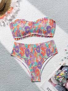 SHEIN Swim Ladies' Resort Floral Print Ruffle Bandeau Bikini Set With Sexy, Summer Beach - Multicolor - View 3