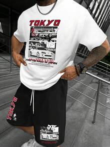 Manfinity LEGND 男士賽車紋下垂肩t恤和短褲套裝 - 彩色 - 查看 1