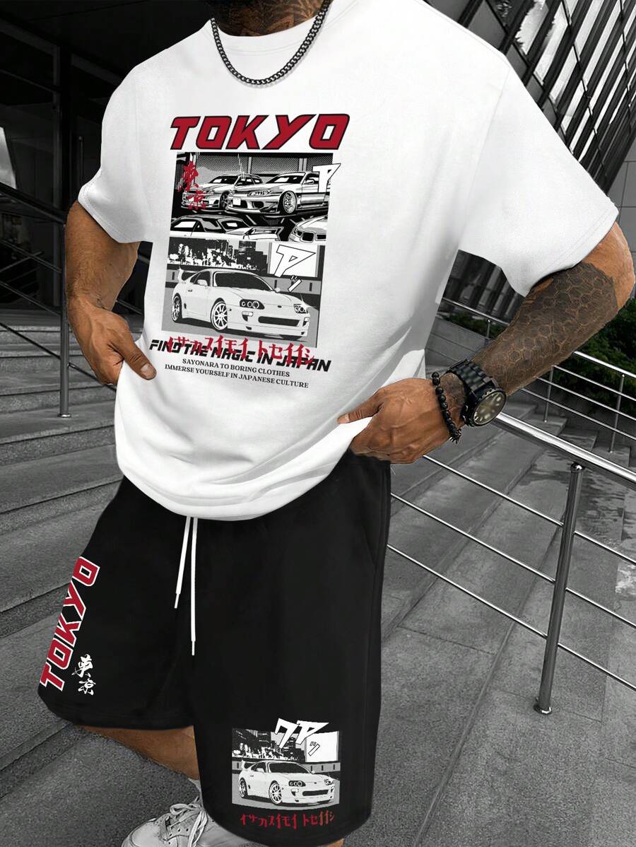 Manfinity LEGND 男士賽車紋下垂肩t恤和短褲套裝 - 彩色 - 查看 1