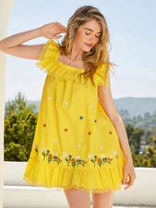 Forever 21 Lovely Holiday Party Yellow Square Collar Ruffled A Swing Loose Embroidered Dress - Yellow - View 1