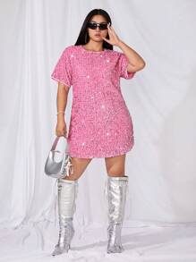 SHEIN ICON 大码夏季宽松闪亮装饰圆领连衣裙 - 粉色 - 查看 3