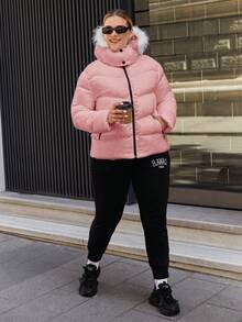 SHEIN Cottnline Plus Size Puffer Coat With Trimmed Hood And Zipper Front - Rusty Rose - View 6