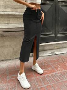 EURMUSE Split Thigh Denim Skirt - Grey - View 3