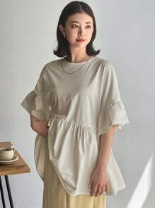 FRIFUL Áo thun búp bê cổ tròn màu trơn mùa hè dành cho nữ - Màu be - Xem 3