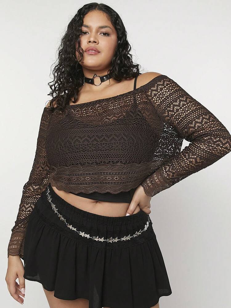 Summer Y2K Music Festival Plus Size Women's Off-Shoulder Long Sleeve Cropped Hollow Out Top