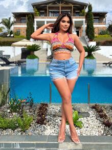 SHEIN SXY Vacation Summer Beach Seaside Holiday Retro Pattern Printed Halter Neck Crop Top For Women