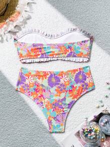 SHEIN Swim Ladies' Resort Floral Print Ruffle Bandeau Bikini Set With Sexy, Summer Beach - Multicolor - View 2