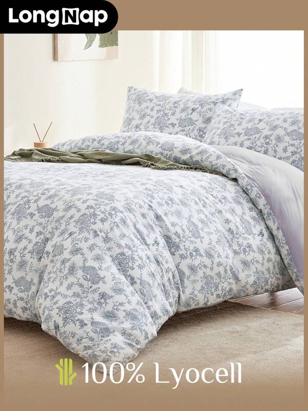 Juego de ropa de cama con 2/3 piezas [100% Lyocell] Funda de edredón con estampado floral, ultra transpirable y refrescante, con tacto sedoso, fabricado a partir de madera, con propiedades que absorben la humedad y fresco al tacto para personas que duermen con calor, incluye: Funda de edredón*1 Funda de almohada*1/2