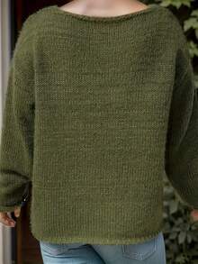 Maglione casual a girocollo in maglia tinta unita a maniche lunghe, stile minimalista, adatto per Natale - Verde - Visualizzare 2