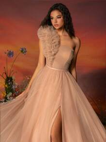 VIPGIRL 莲花粉色女主人礼服，精致轻盈奢华宴会礼服，不对称领口晚礼服，T台模特派对礼服婚礼宾客礼服正式礼服晚礼服 - 藕粉色 - 查看 9