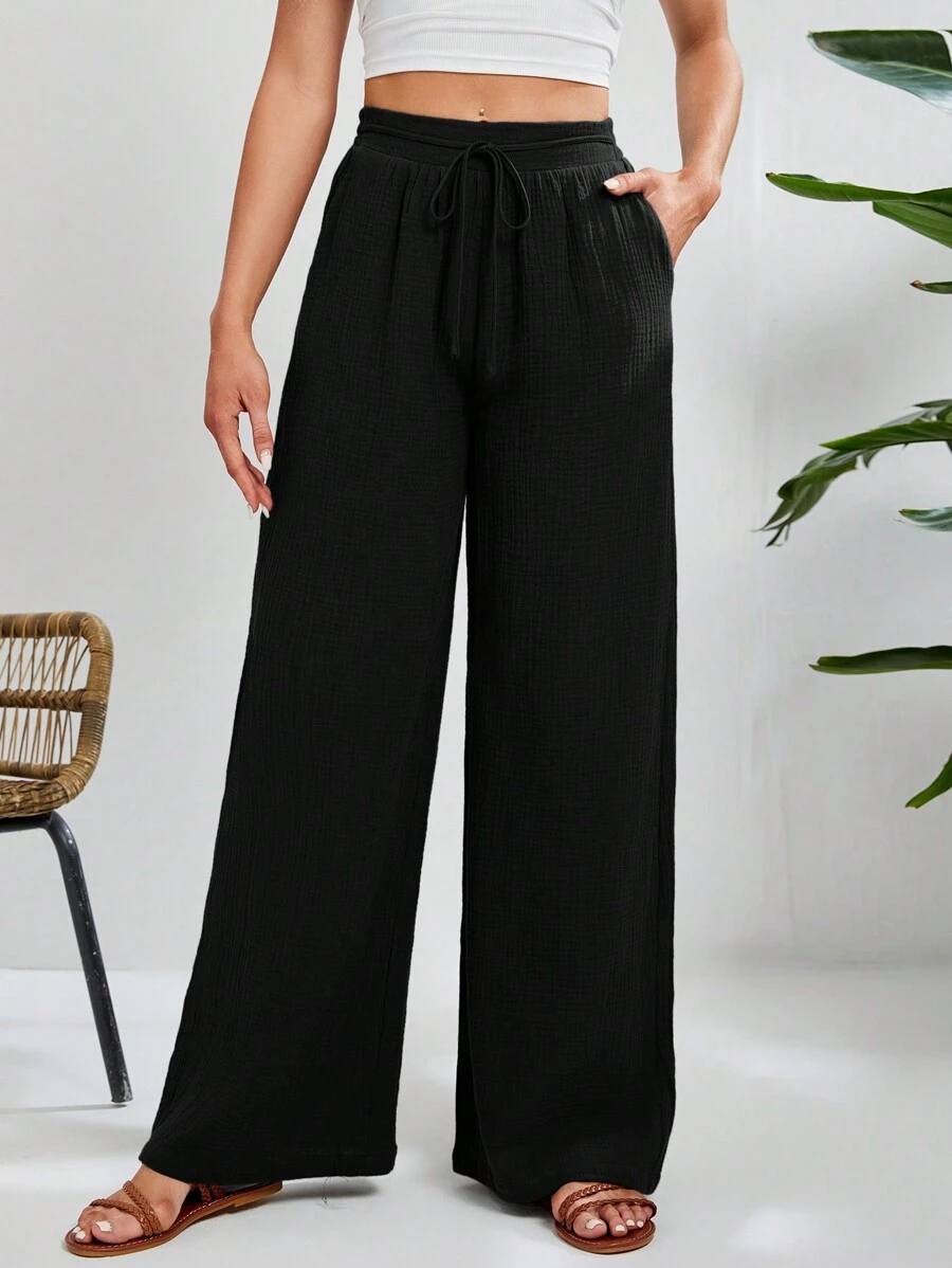 SHEIN Tall Quần ống rộng buộc dây cạp cao phong cách Pháp Holiday Green có túi xéo - màu đen - Xem 1