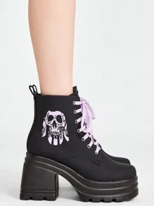 ROMWE Goth Women Comfortable Thick Sole Skull Decor  Boots For Halloween - Purple - View 4