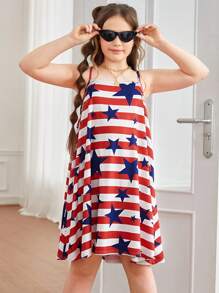 SHEIN Tween女孩加大尺碼基本款紅白條紋帶星條紋印花針織背心裙，適用於春夏季