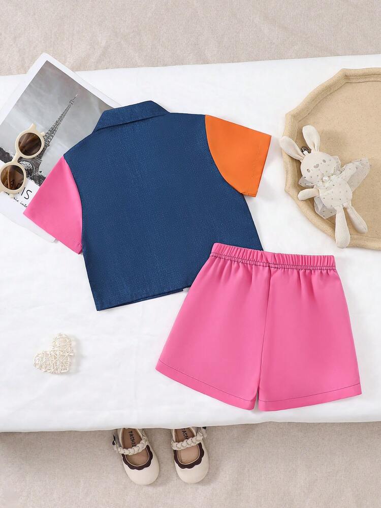 Street Style Cargo Style Baby Girls' Set, Color Block Short Sleeve Shirt And Shorts, Cute And Casual, For Summer