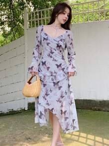 DAZY Vestido Feminino de Manga Longa com Estampa de Borboleta e Bainha com Babados - Multicolorido - Visão 3