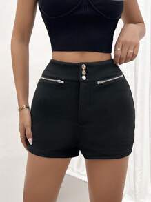 SHEIN Privé 女款日常基本優雅簡約按鈕拉鍊修身短褲 - 黑色 - 查看 1