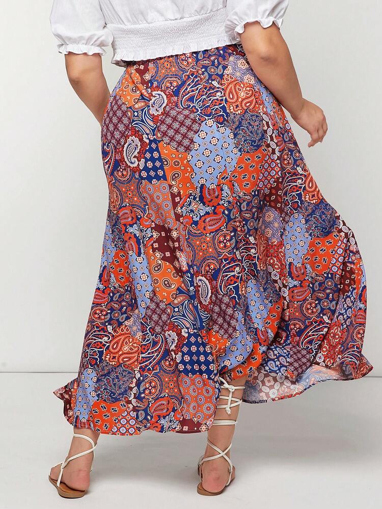 Plus Size Women's Fashionable Music Festival High Slit Printed Elastic Waist Skirt For Summer