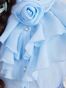 SHEIN Tween Girl 2pcs Lovely Collar Ruffle Trim 3D Flower Shaped Shirt And Skirt Set - Blue - View 4
