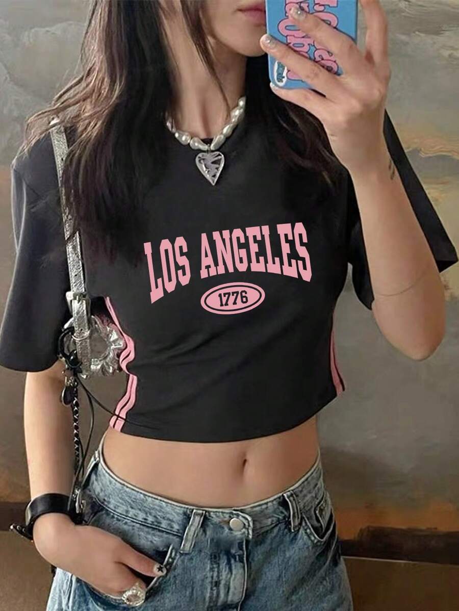 INAWLY 女士夏季短袖休閒T恤，印有字母和圓領設計 - 灰色 - 查看 1